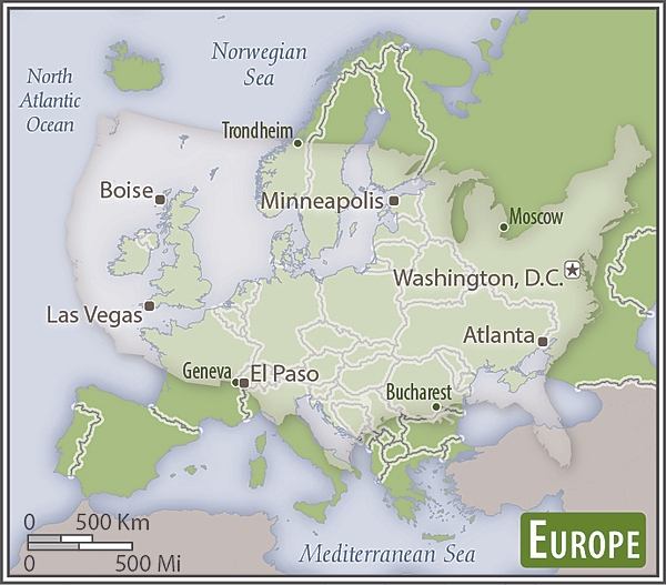 Europe-US area comparison map